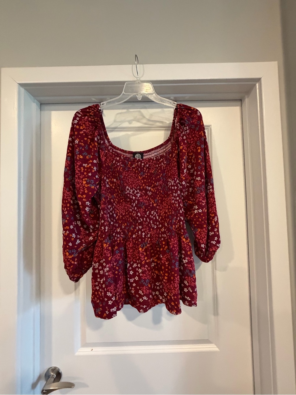 bobeau Red Floral Smocked Peasant Blouse